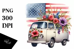 Watercolor Van and Flowers in USA Flag Background Product Image 3