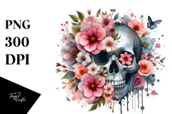 Digital Watercolor Flower Skull with Gnome, PNG Product Image 1