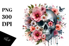 Whimsical Flowers with Skull Watercolor Digital Art Product Image 1