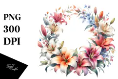 Simple Lily Floral Frame, Watercolor PNG Product Image 1