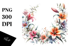 Simple Lily Floral Frame, Watercolor PNG Product Image 1
