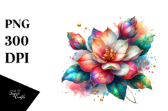 Colorful Shiny Gardenia, Golden Accents, Watercolor PNG Product Image 1