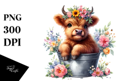 Cute Baby Highland Cow Smiling with Flowers | Sublimation | Product Image 1