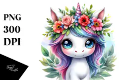 Cute Unicorn with Floral Wreath, PNG Product Image 1