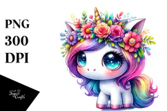 Cute Unicorn with Floral Wreath, PNG Product Image 1