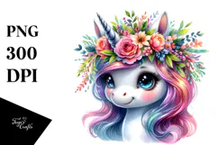 Cute Unicorn with Floral Wreath, PNG Product Image 1