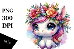 Cute Unicorn with Floral Wreath, PNG Product Image 1