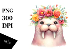 Watercolor Walrus with Flower Crown | Clipart Product Image 1
