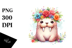 Watercolor Walrus with Flower Crown | Clipart Product Image 1