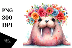 Watercolor Walrus with Flower Crown | Clipart Product Image 1
