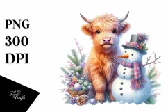 Colorful Baby Highland Cow with Snowman, Transparent PNG Product Image 1