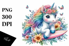 Colorful Baby Unicorn with Surfboard, Transparent PNG Product Image 3