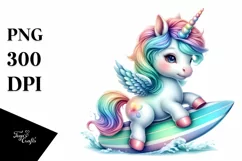 Colorful Baby Unicorn with Surfboard, Transparent PNG Product Image 1