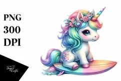 Colorful Baby Unicorn with Surfboard, Transparent PNG Product Image 3
