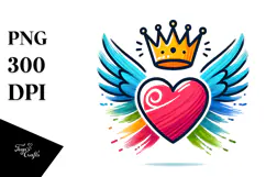 Colorful Heart with Wings and Crown, PNG Product Image 1