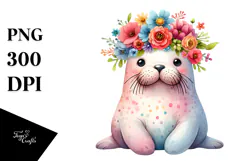 Cute Walrus Sitting with Flower Crown | Clipart Product Image 1