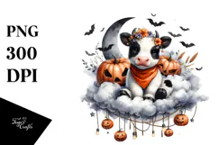 Cow on Halloween Cloud with Jack-o-Lanterns PNG Product Image 1