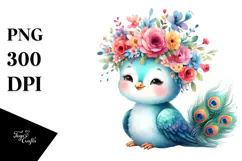Colorful Peacock Sitting with Flower Crown | Clipart Product Image 1