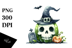 Watercolor Skull Halloween Clipart, Transparent PNG Product Image 1