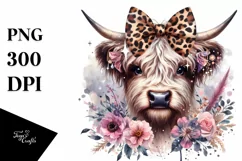 Elegant Highland Cow Flower Sparkles Sublimation Clipart Product Image 1