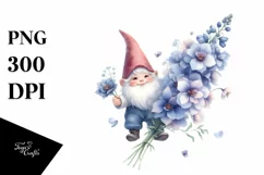 Cute Gnome Floating with Delphinium PNG Product Image 1