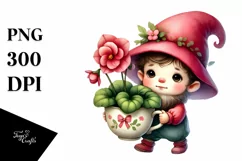 Cute Baby Gnome with Begonia in Cup PNG Product Image 1