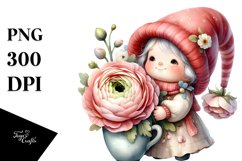Watercolor Baby Gnome with Ranunculus, PNG Product Image 1