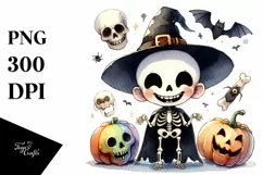 Watercolor Skeleton Halloween Clipart, Transparent PNG Product Image 1