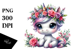 Cute Baby Unicorn Vibrant Drawing, White Background PNG Product Image 1