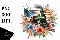 Watercolor Vintage Train with USA Flag | Clipart Product Image 1