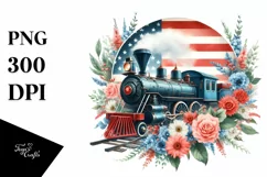 Watercolor Vintage Train with USA Flag | Clipart Product Image 3