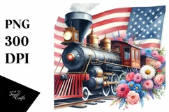 Watercolor Vintage Train with USA Flag | Clipart Product Image 3