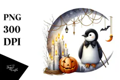 Penguin on Halloween Moon with Candles PNG Product Image 1