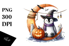 Penguin on Halloween Moon with Candles PNG Product Image 1