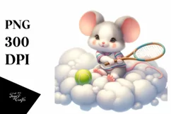 Watercolor Baby Mouse Playing Tennis on Cloud | Clipart Product Image 1