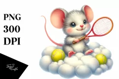 Watercolor Baby Mouse Playing Tennis on Cloud | Clipart Product Image 1