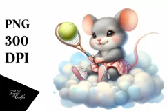 Watercolor Baby Mouse Playing Tennis on Cloud | Clipart Product Image 1