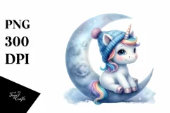 Cute Baby Unicorn with Blue Hat on the Moon | Clipart Product Image 1