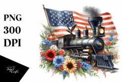 Watercolor Vintage Train with USA Flag | Clipart Product Image 3