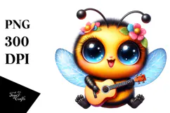 Vibrant Watercolor Baby Bee with Tiny Guitar, PNG Product Image 1