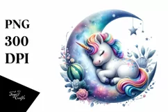 Colorful Baby Unicorn Napping on Moon, Transparent PNG Product Image 1