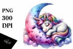 Colorful Baby Unicorn Napping on Moon, Transparent PNG Product Image 1
