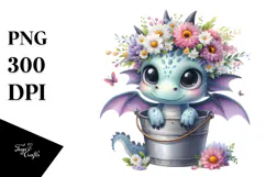 Cute Baby Dragon with Flowers PNG Product Image 1