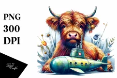Colorful Baby Highland Cow with Submarine, Transparent PNG Product Image 3