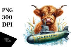Colorful Baby Highland Cow with Submarine, Transparent PNG Product Image 1