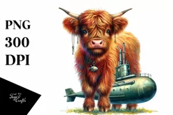 Colorful Baby Highland Cow with Submarine, Transparent PNG Product Image 1