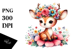 Cartoon-Style Watercolor Deer with Flower Crown Product Image 1