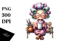 Old Lady Hair Curlers Bench Mug Sublimation Clipart Product Image 1