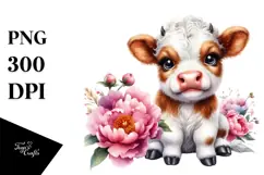 Smiling Baby Highland Cow with Peonies, PNG Product Image 1