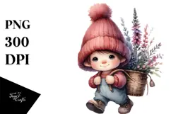 Watercolor Baby Gnome with Heather, PNG Product Image 1